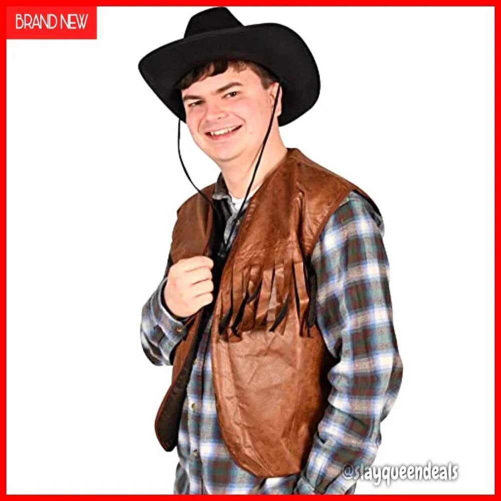 Faux Leather Cowboy Vests with Fringe, Set of 2, Men's Medium Fit